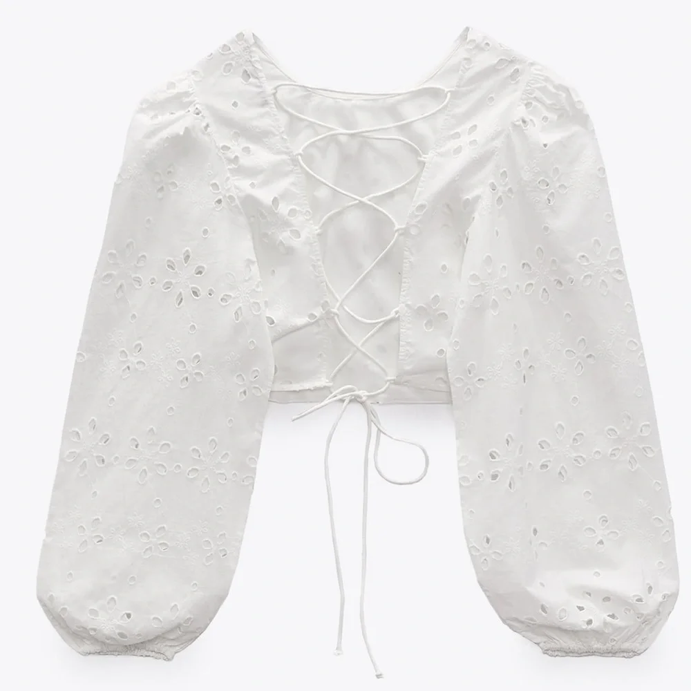 ZARA White Strappy Lace Up Back Embroidered Eyelet Puff Sleeve Top Blouse